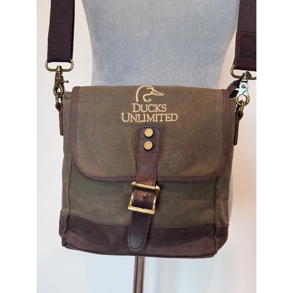 Ducks Unlimited Waxed Canvas Messenger Crossbody Bag Olive Green Brown Hunting